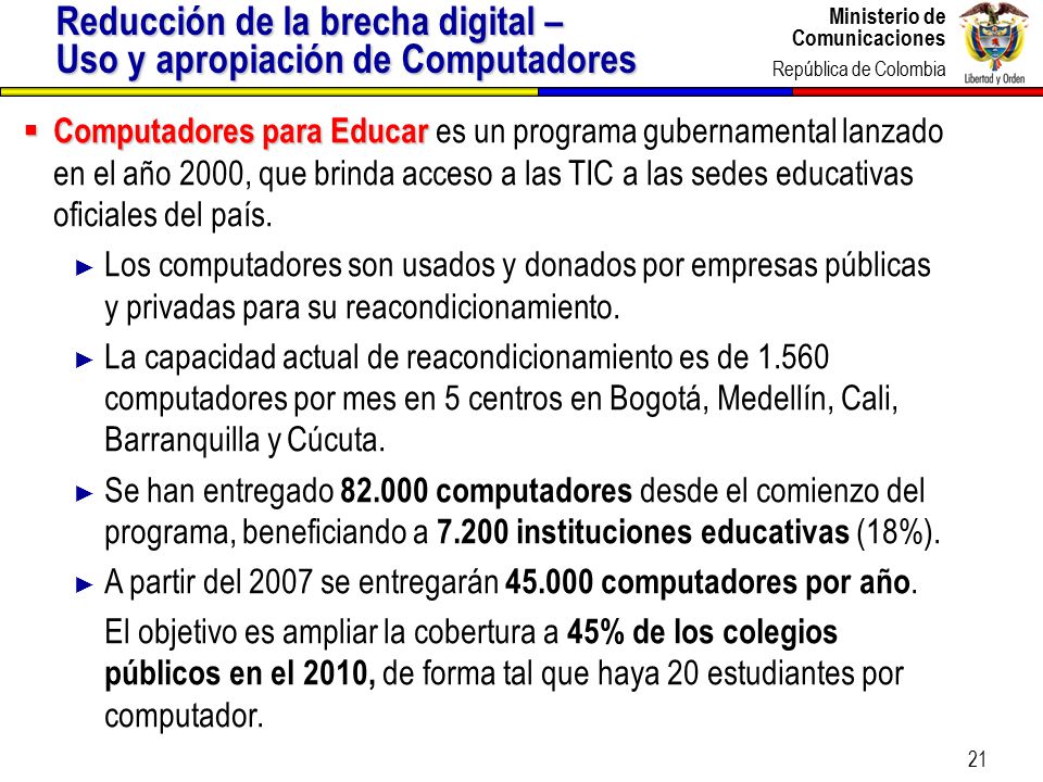 Reducción de la brecha digital – Uso y apropiación de Computadores