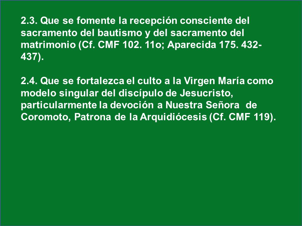 2.3. Que se fomente la recepción consciente del sacramento del bautismo y del sacramento del matrimonio (Cf. CMF o; Aparecida ).