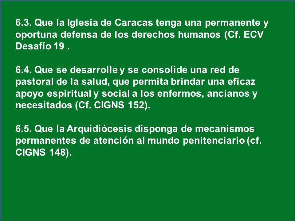 6.3. Que la Iglesia de Caracas tenga una permanente y oportuna defensa de los derechos humanos (Cf. ECV Desafío 19 .