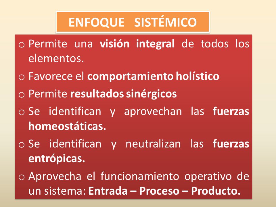 ENFOQUE SISTÉMICO Permite una visión integral de todos los elementos.