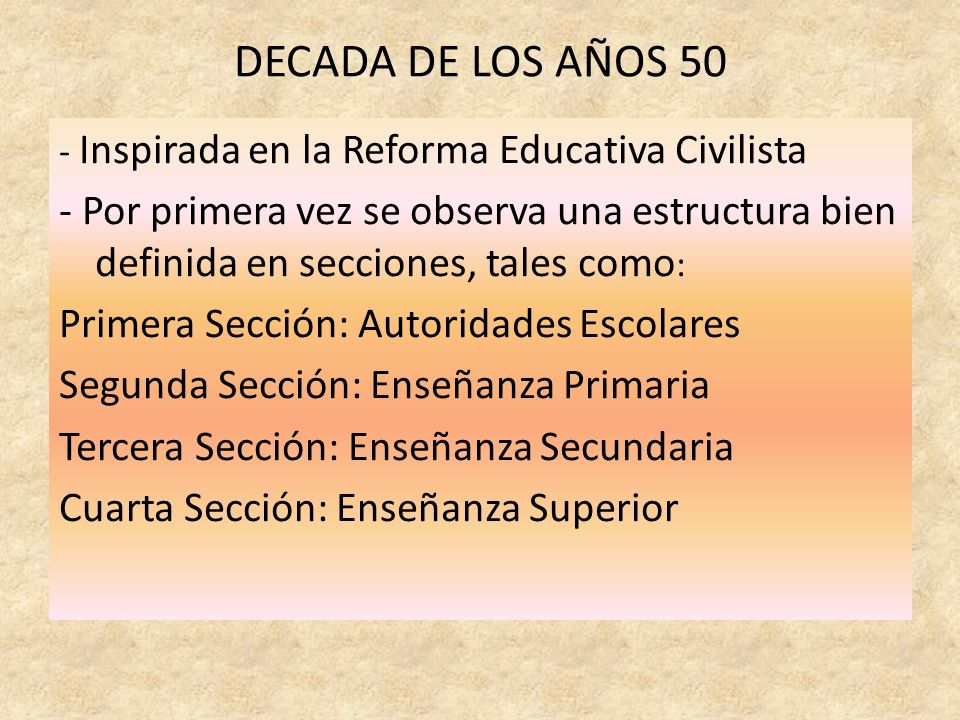 DECADA DE LOS AÑOS 50 - Inspirada en la Reforma Educativa Civilista.