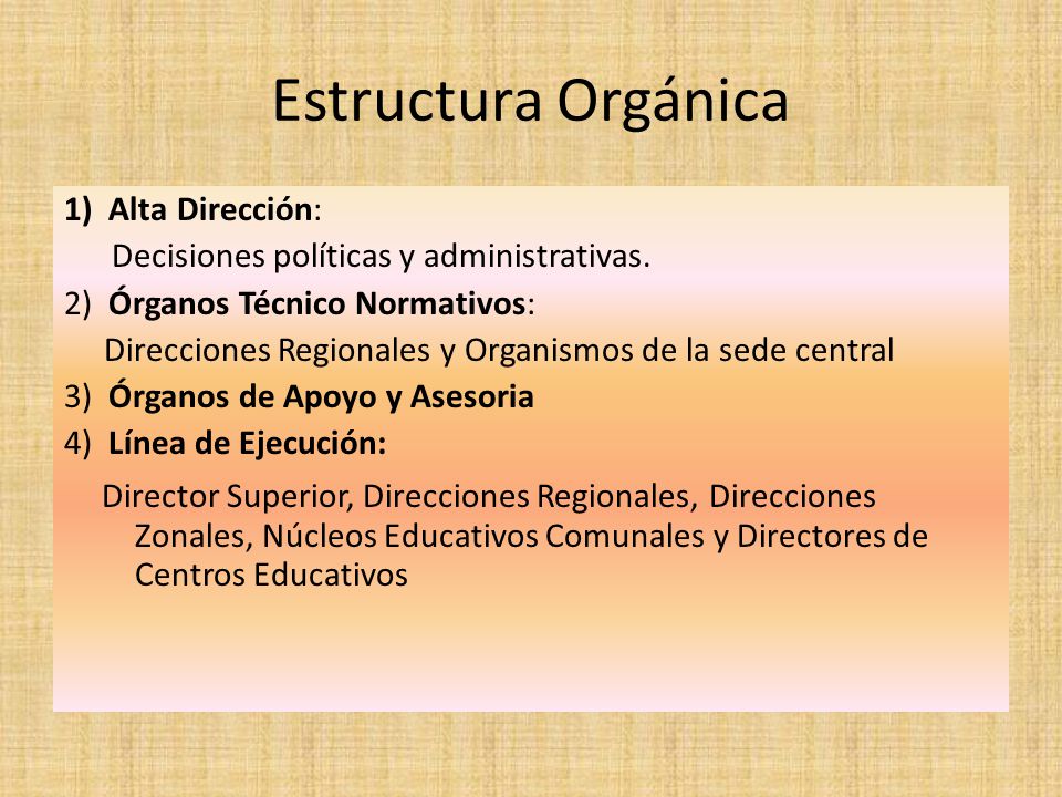 Estructura Orgánica 1) Alta Dirección: Decisiones políticas y administrativas. 2) Órganos Técnico Normativos: