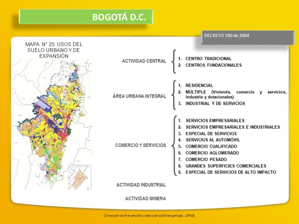 BOGOTÁ D.C. DECRETO 190 de MAPA N° 25: USOS DEL SUELO URBANO Y DE EXPANSIÓN. ACTIVIDAD CENTRAL.