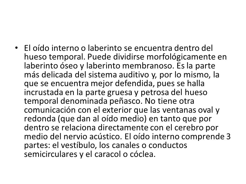 El oído interno o laberinto se encuentra dentro del hueso temporal