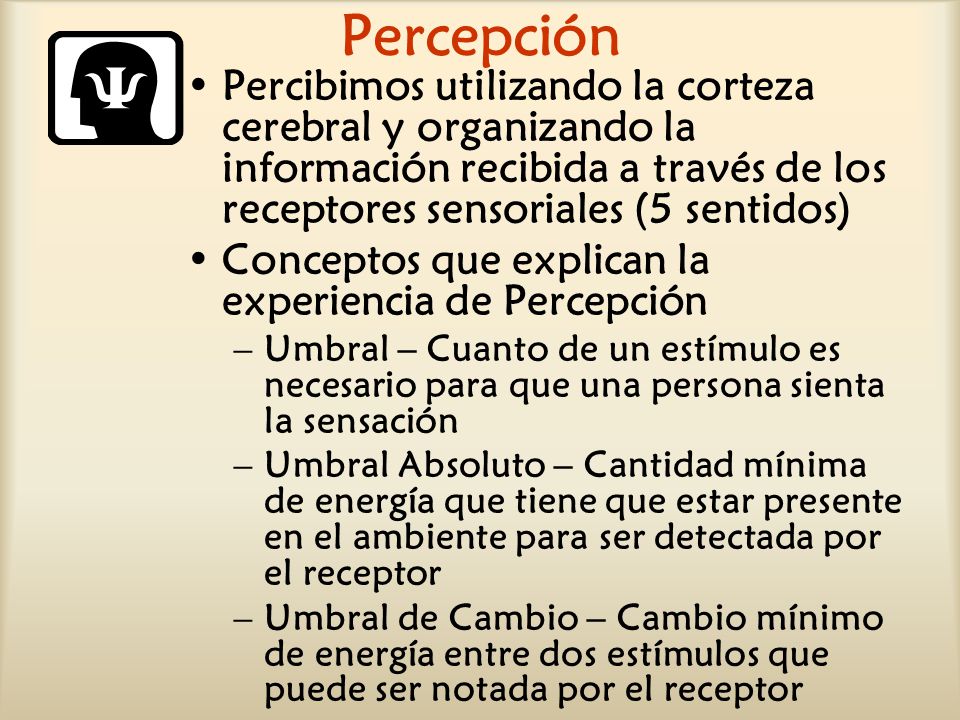Percepción Percibimos utilizando la corteza cerebral y organizando la información recibida a través de los receptores sensoriales (5 sentidos)