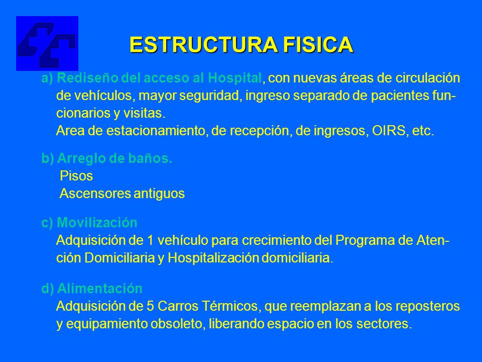 ESTRUCTURA FISICA a) Rediseño del acceso al Hospital, con nuevas áreas de circulación.
