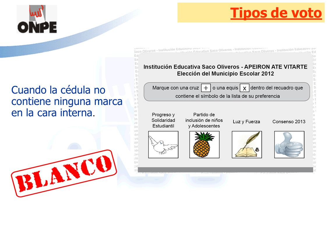 Tipos de voto Cuando la cédula no contiene ninguna marca en la cara interna.