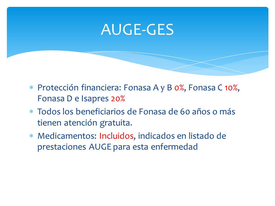 AUGE-GES Protección financiera: Fonasa A y B 0%, Fonasa C 10%, Fonasa D e Isapres 20%