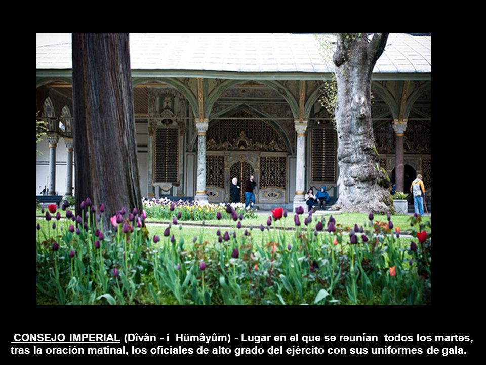 CONSEJO IMPERIAL (Dîvân - i Hümâyûm) - Lugar en el que se reunían todos los martes, tras la oración matinal, los oficiales de alto grado del ejército con sus uniformes de gala.