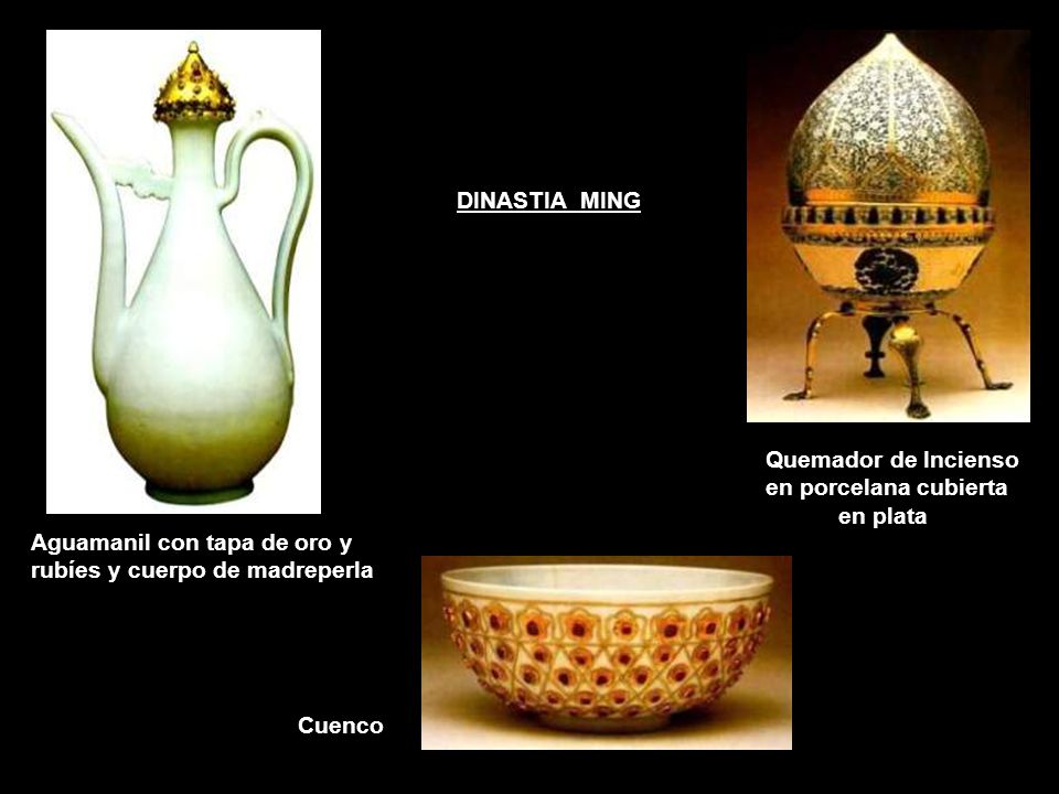 DINASTIA MING Quemador de Incienso en porcelana cubierta. en plata. Aguamanil con tapa de oro y rubíes y cuerpo de madreperla.