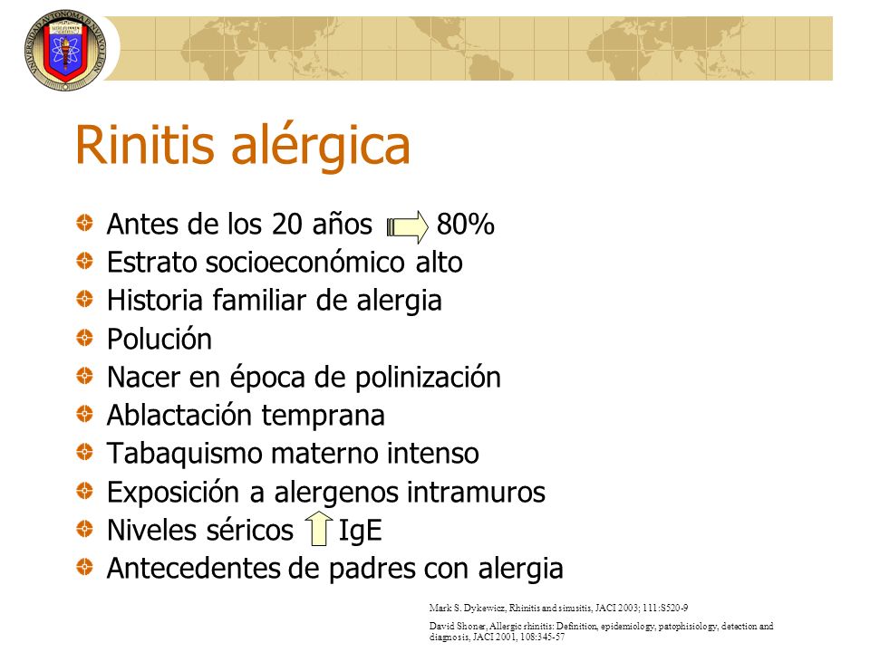 Rinitis alérgica Antes de los 20 años 80% Estrato socioeconómico alto