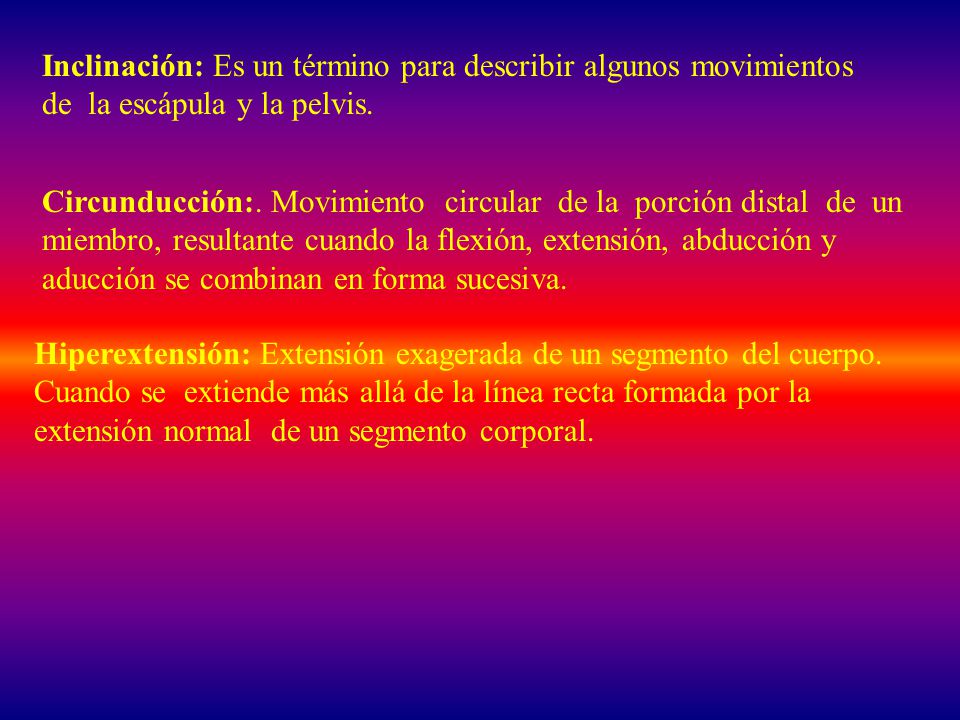 Inclinación: Es un término para describir algunos movimientos de la escápula y la pelvis.
