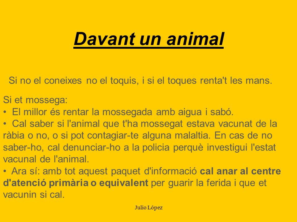 Davant un animal Si no el coneixes no el toquis, i si el toques renta t les mans.