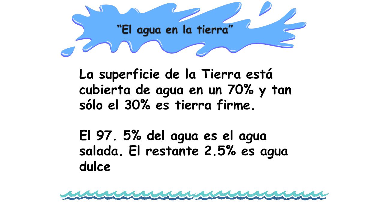 El 97. 5% del agua es el agua salada. El restante 2.5% es agua dulce
