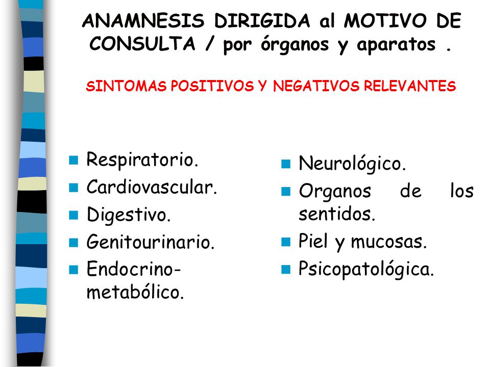 ANAMNESIS DIRIGIDA al MOTIVO DE CONSULTA / por órganos y aparatos