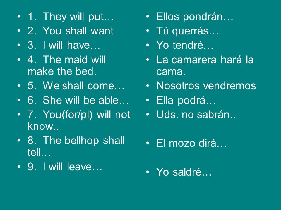 1. They will put… 2. You shall want. 3. I will have… 4. The maid will make the bed. 5. We shall come…