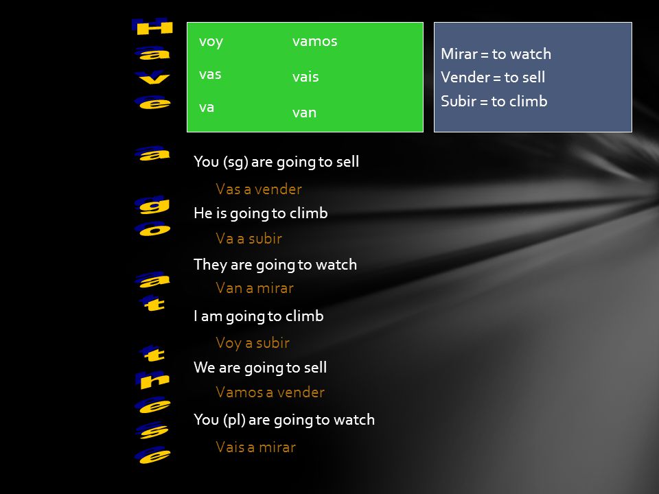 Have a go at these Mirar = to watch Vender = to sell Subir = to climb