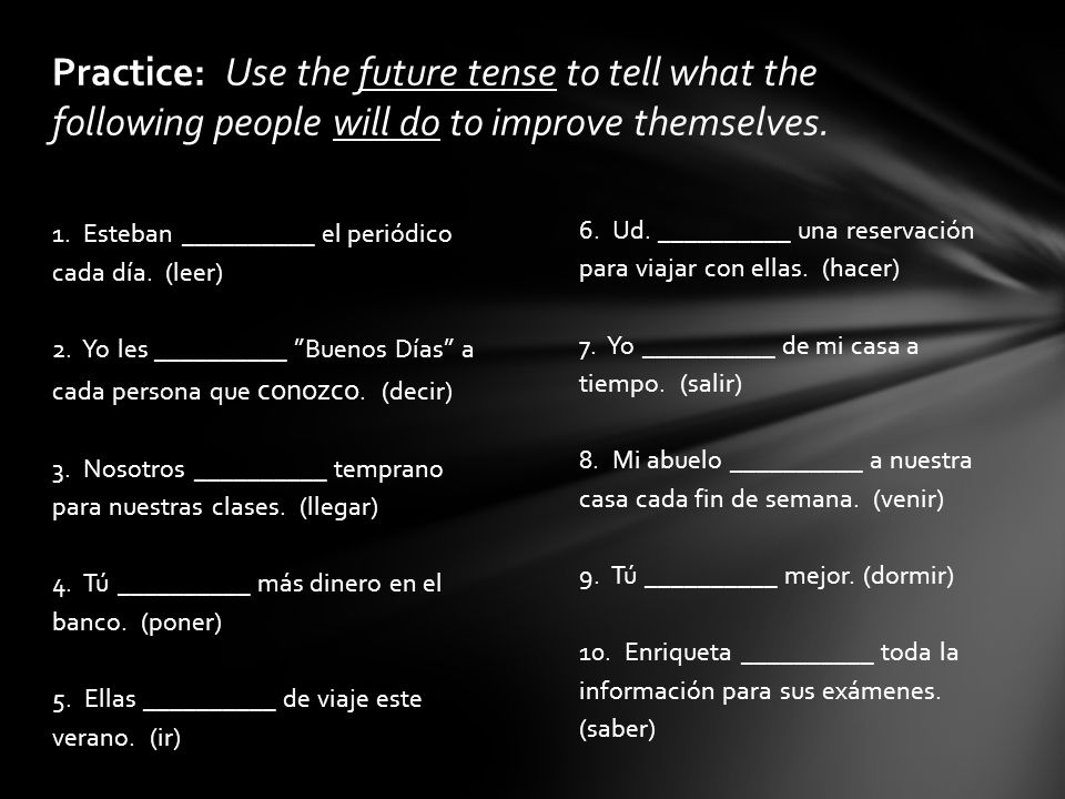 Practice: Use the future tense to tell what the following people will do to improve themselves.