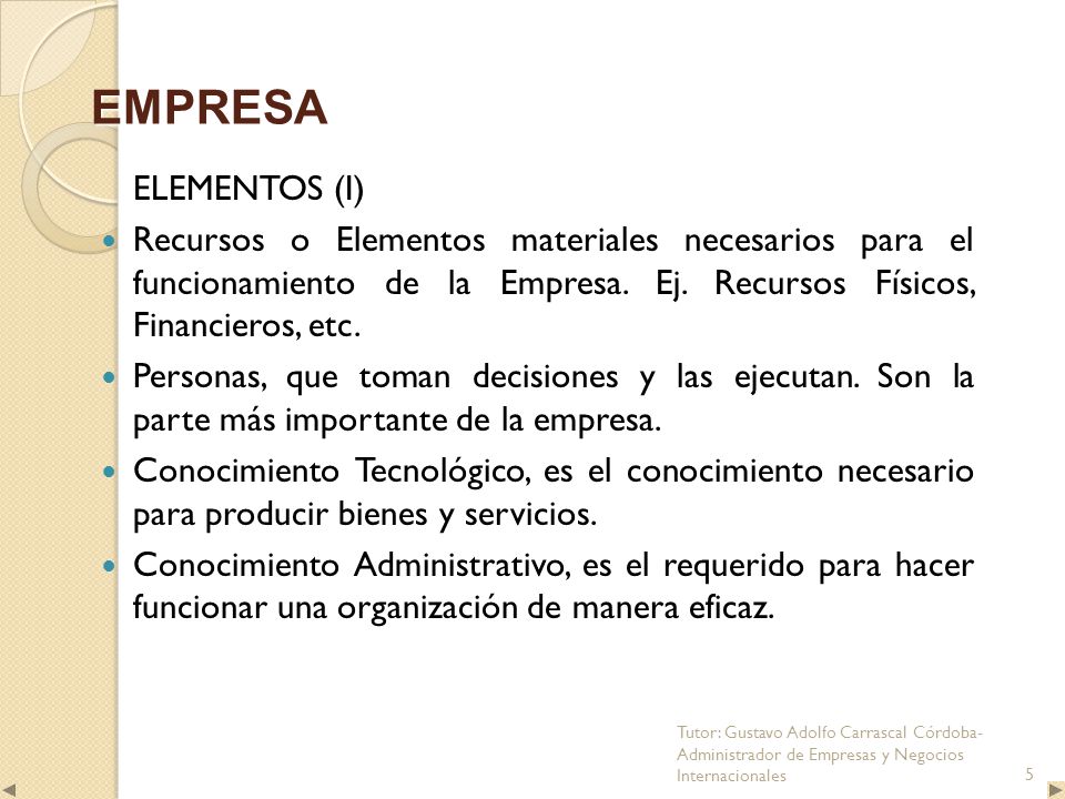 EMPRESA ELEMENTOS (I) Recursos o Elementos materiales necesarios para el funcionamiento de la Empresa. Ej. Recursos Físicos, Financieros, etc.