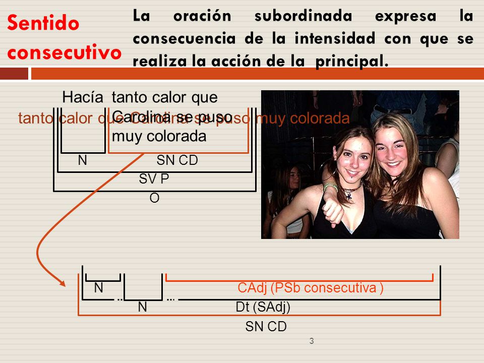 Sentido consecutivo La oración subordinada expresa la consecuencia de la intensidad con que se realiza la acción de la principal.