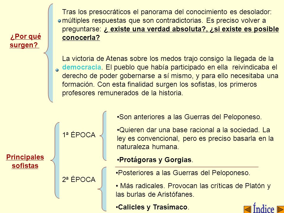 Tras los presocráticos el panorama del conocimiento es desolador: múltiples respuestas que son contradictorias. Es preciso volver a preguntarse: ¿ existe una verdad absoluta , ¿si existe es posible conocerla