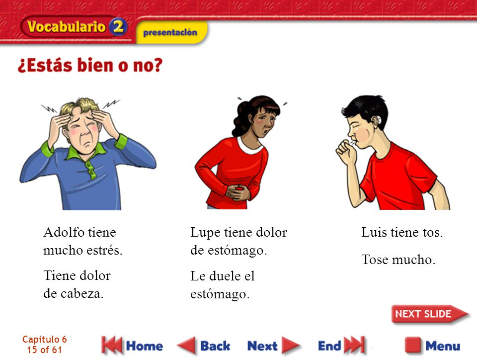 Adolfo tiene mucho estrés. Lupe tiene dolor de estómago.