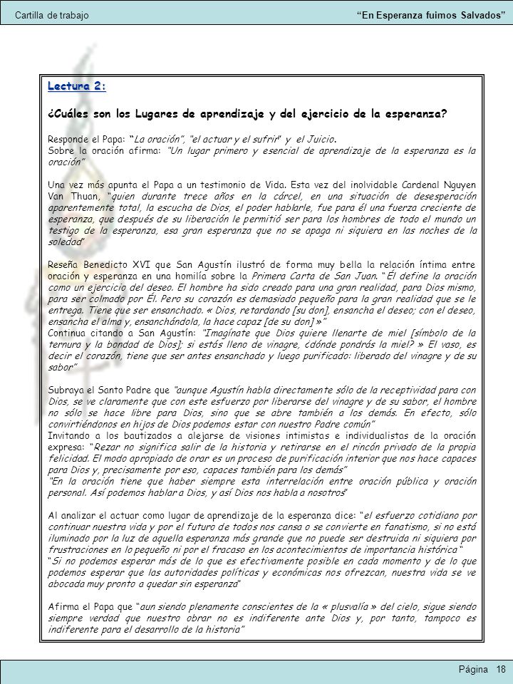 Cartilla de trabajo En Esperanza fuimos Salvados Lectura 2: ¿Cuáles son los Lugares de aprendizaje y del ejercicio de la esperanza