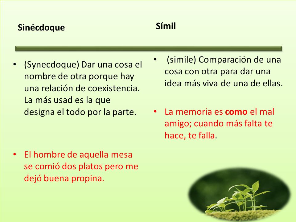 Sinécdoque Símil. (simile) Comparación de una cosa con otra para dar una idea más viva de una de ellas.