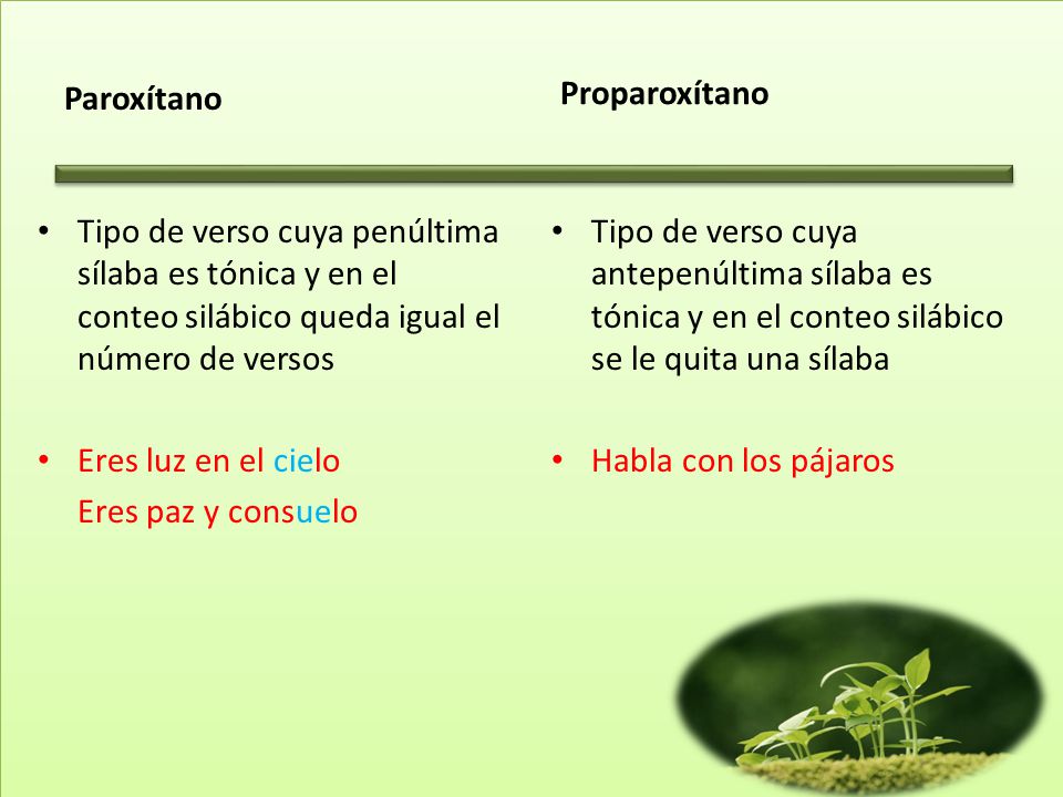Paroxítano Proparoxítano. Tipo de verso cuya penúltima sílaba es tónica y en el conteo silábico queda igual el número de versos.