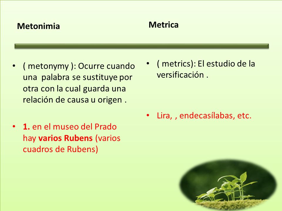 Metonimia Metrica. ( metrics): El estudio de la versificación . Lira, , endecasílabas, etc.