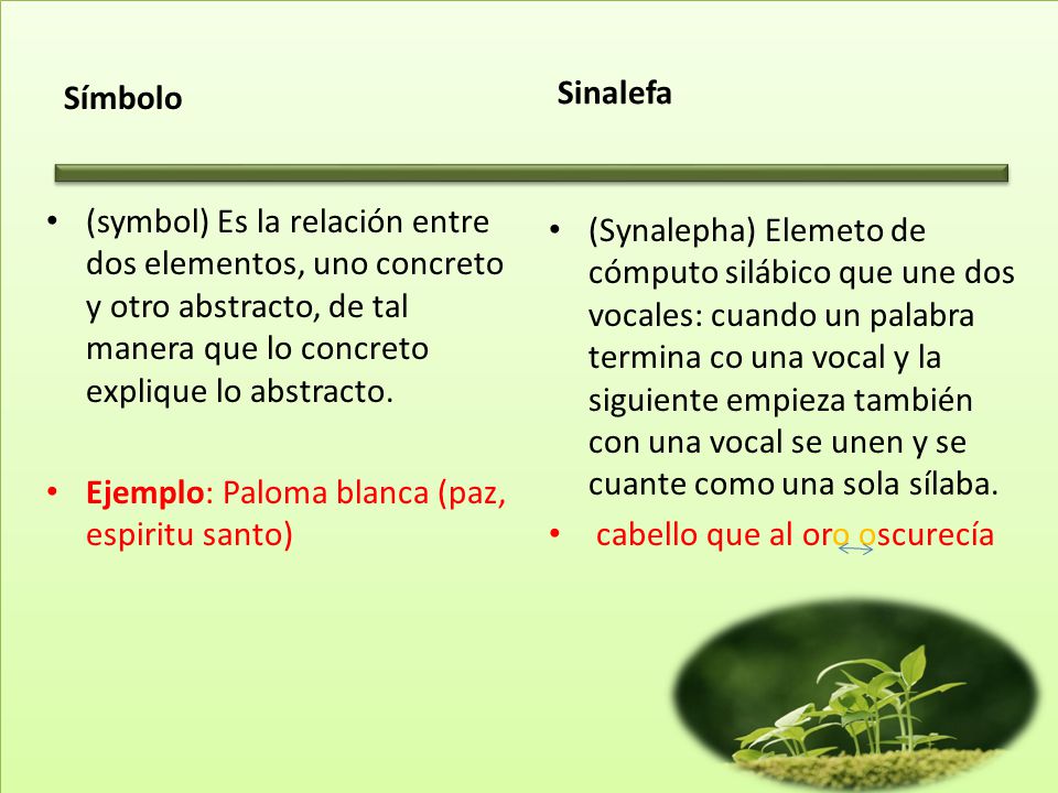 Símbolo Sinalefa. (symbol) Es la relación entre dos elementos, uno concreto y otro abstracto, de tal manera que lo concreto explique lo abstracto.