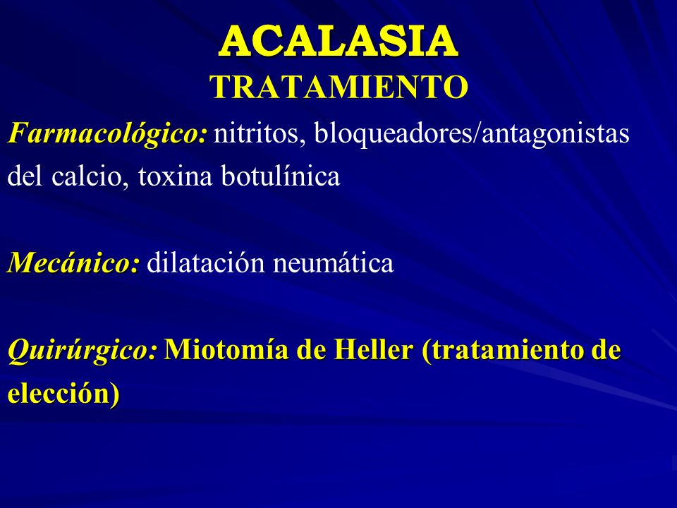 ACALASIA TRATAMIENTO. Farmacológico: nitritos, bloqueadores/antagonistas. del calcio, toxina botulínica.