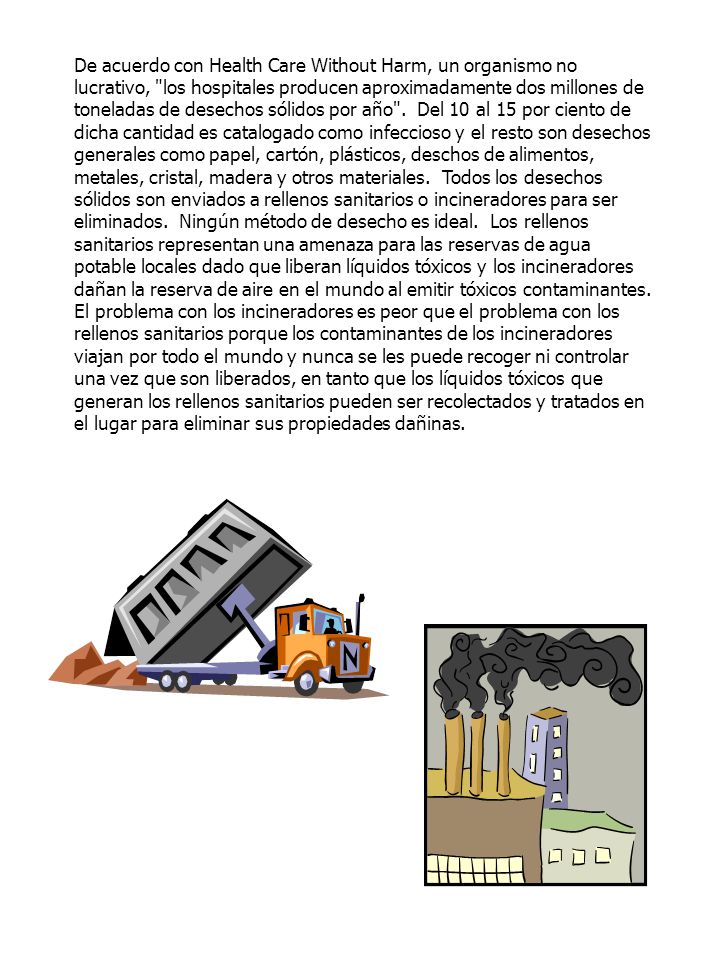 De acuerdo con Health Care Without Harm, un organismo no lucrativo, los hospitales producen aproximadamente dos millones de toneladas de desechos sólidos por año .