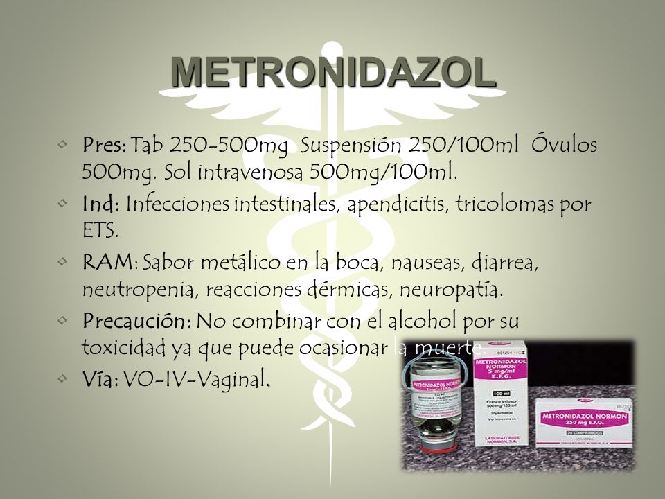 METRONIDAZOL Pres: Tab mg Suspensión 250/100ml Óvulos 500mg. Sol intravenosa 500mg/100ml.