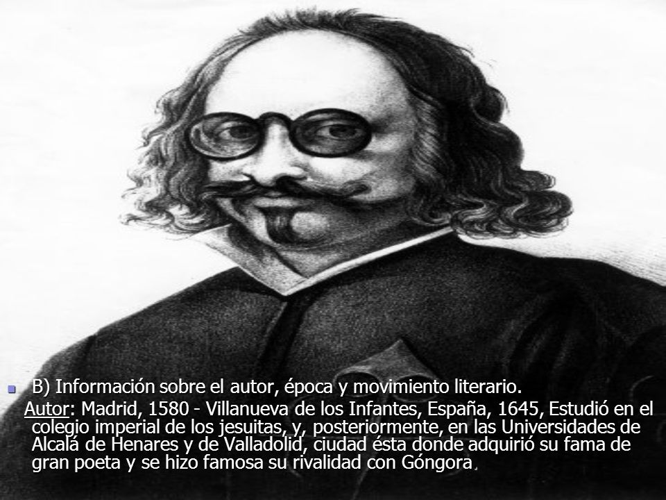 B) Información sobre el autor, época y movimiento literario.