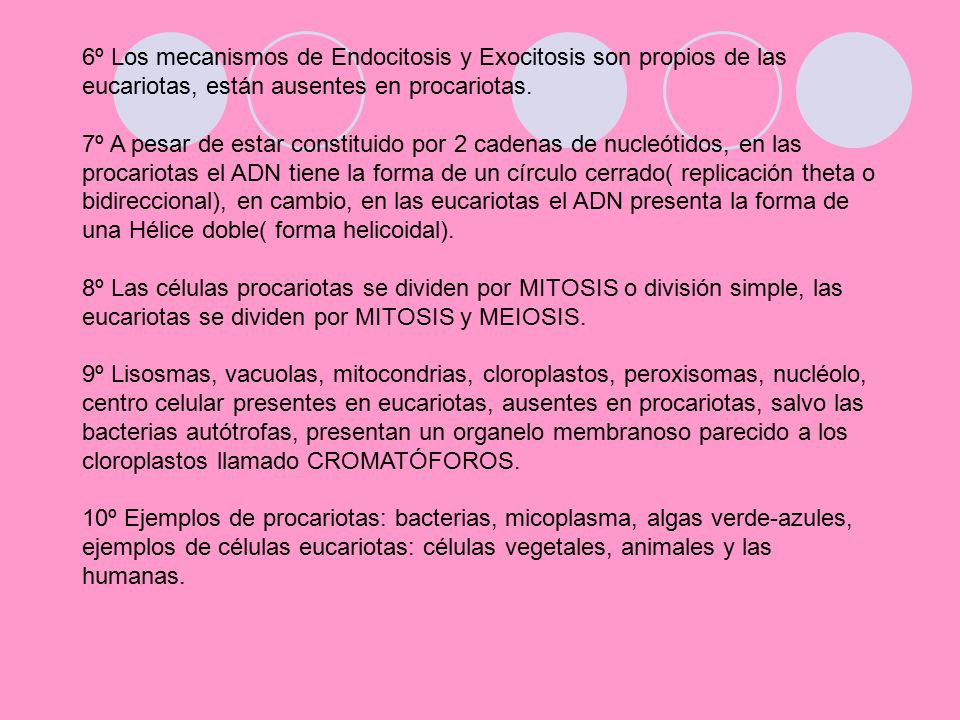 6º Los mecanismos de Endocitosis y Exocitosis son propios de las eucariotas, están ausentes en procariotas.