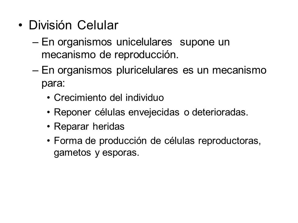 División Celular En organismos unicelulares supone un mecanismo de reproducción. En organismos pluricelulares es un mecanismo para: