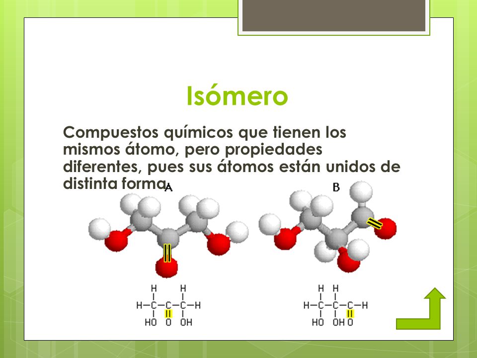 Isómero Compuestos químicos que tienen los mismos átomo, pero propiedades diferentes, pues sus átomos están unidos de distinta forma.