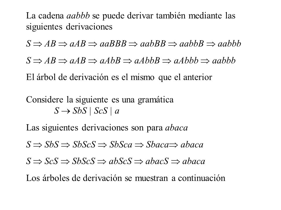 La cadena aabbb se puede derivar también mediante las siguientes derivaciones