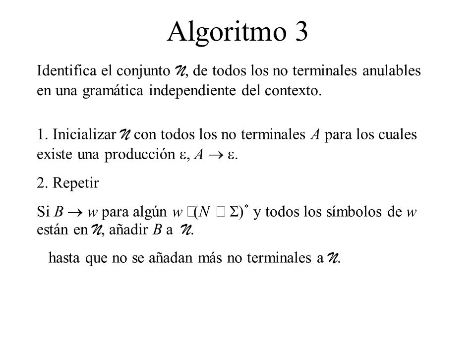 Algoritmo 3 Identifica el conjunto N, de todos los no terminales anulables en una gramática independiente del contexto.