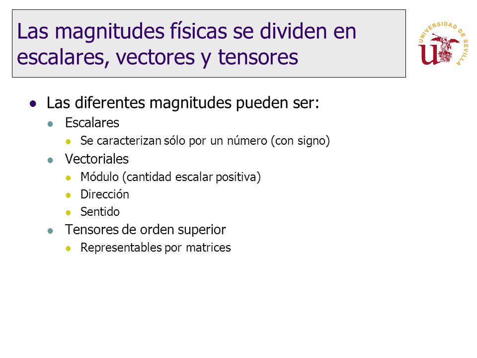 Las magnitudes físicas se dividen en escalares, vectores y tensores