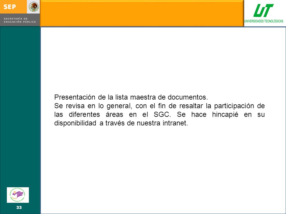 Presentación de la lista maestra de documentos.