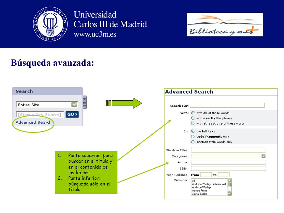 Búsqueda avanzada: Parte superior: para buscar en el título y en el contenido de los libros.