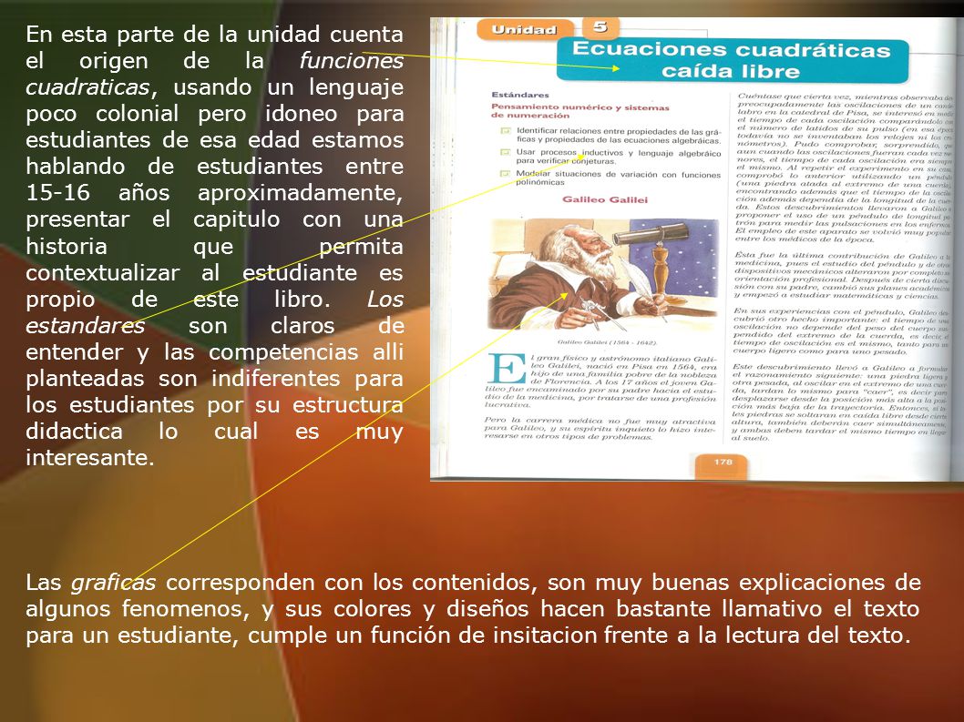 En esta parte de la unidad cuenta el origen de la funciones cuadraticas, usando un lenguaje poco colonial pero idoneo para estudiantes de esa edad estamos hablando de estudiantes entre años aproximadamente, presentar el capitulo con una historia que permita contextualizar al estudiante es propio de este libro. Los estandares son claros de entender y las competencias alli planteadas son indiferentes para los estudiantes por su estructura didactica lo cual es muy interesante.