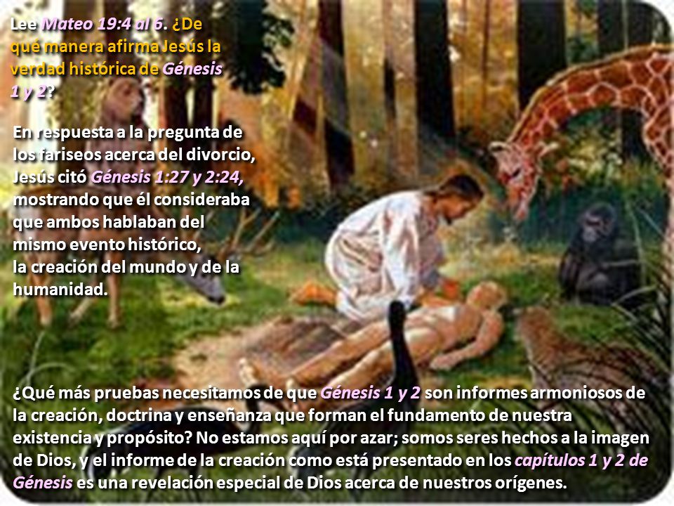 Lee Mateo 19:4 al 6. ¿De qué manera afirma Jesús la verdad histórica de Génesis 1 y 2