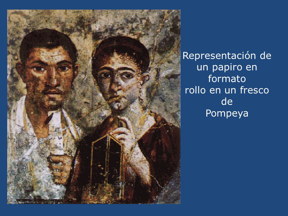 Representación de un papiro en formato rollo en un fresco de Pompeya