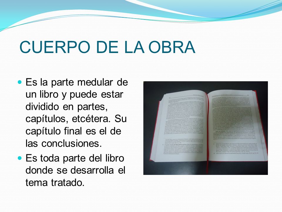 Cuerpo de la obra Es la parte medular de un libro y puede estar dividido en partes, capítulos, etcétera. Su capítulo final es el de las conclusiones.