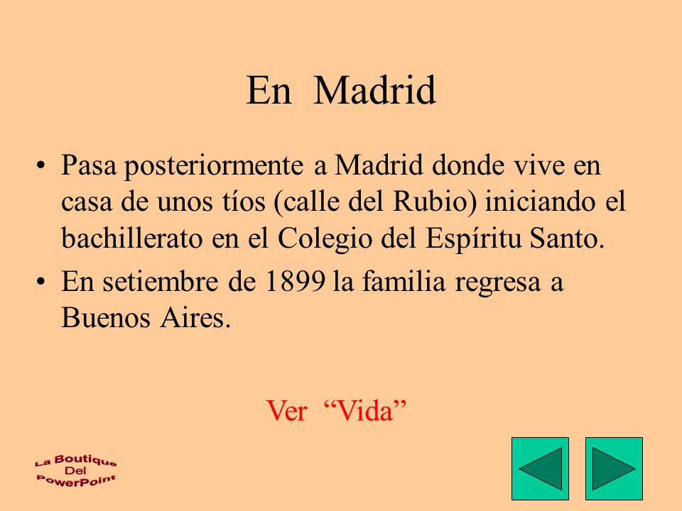 En Madrid Pasa posteriormente a Madrid donde vive en casa de unos tíos (calle del Rubio) iniciando el bachillerato en el Colegio del Espíritu Santo.