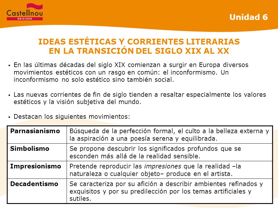 Unidad 6 IDEAS ESTÉTICAS Y CORRIENTES LITERARIAS EN LA TRANSICIÓN DEL SIGLO XIX AL XX.
