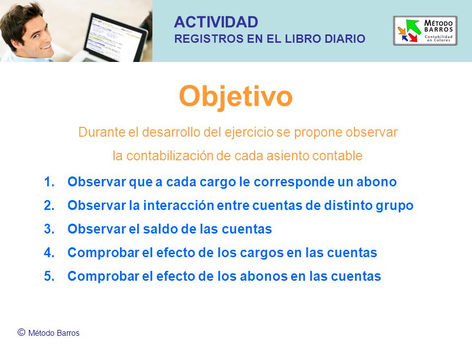 ACTIVIDAD REGISTROS EN EL LIBRO DIARIO. Objetivo. Durante el desarrollo del ejercicio se propone observar.